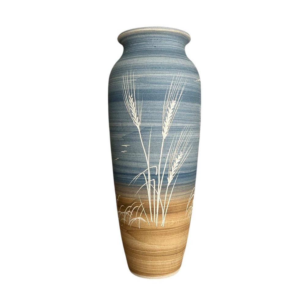 Large Studio Pottery Etched Vase, Hand Thrown Kim Chapman, Ceramic, Blue Wheat